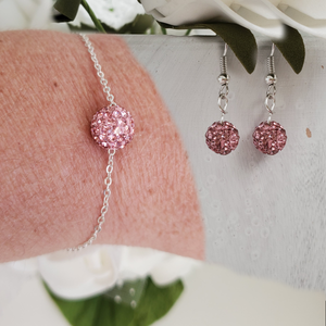 Handmade floating pave crystal rhinestone bracelet accompanied by a pair of dangle earrings, rosaline (pink) or custom color - Bracelet Sets - Bridesmaid Proposal - Wedding Sets