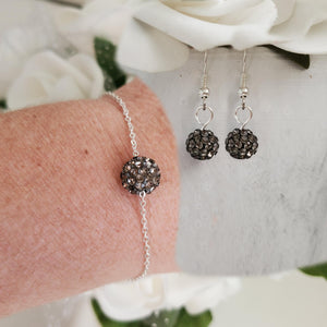 Handmade floating pave crystal rhinestone bracelet accompanied by a pair of dangle earrings, black diamond or custom color - Bracelet Sets - Bridesmaid Proposal - Wedding Sets
