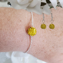 Load image into Gallery viewer, Handmade floating pave crystal rhinestone bracelet accompanied by a pair of dangle earrings, citrine (yellow) or custom color - Bracelet Sets - Bridesmaid Proposal - Wedding Sets