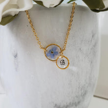 Load image into Gallery viewer, Handmade real flower initial necklace made with a forget me not flower preserved in resin. rhodium or gold - Forget Me Not Necklace - Monogram Necklace - Necklaces