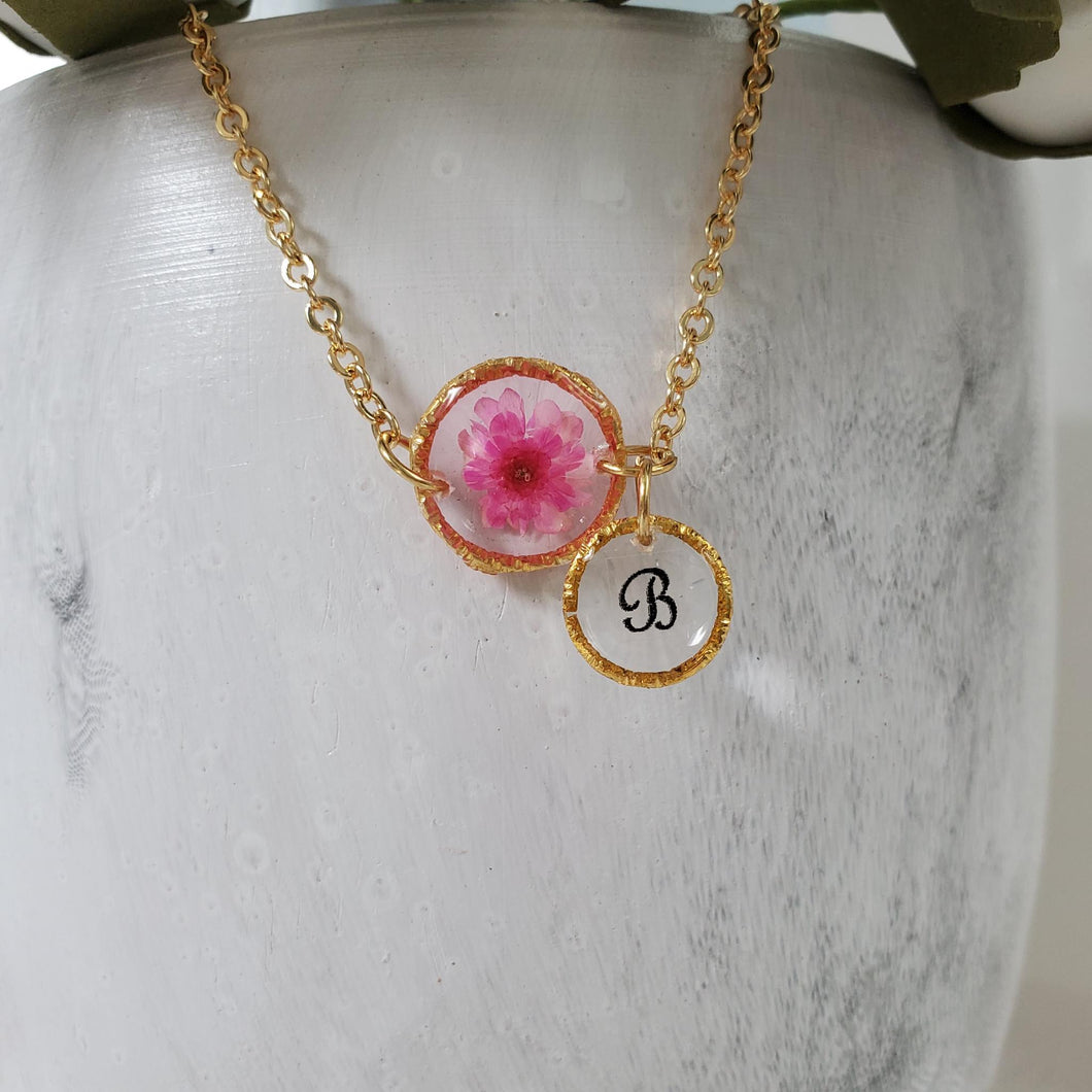 Handmade real flower monogram necklace make with tiny flowers preserved in resin. - stainless steel or gold - Floral Necklace - Monogram Necklace - Necklaces