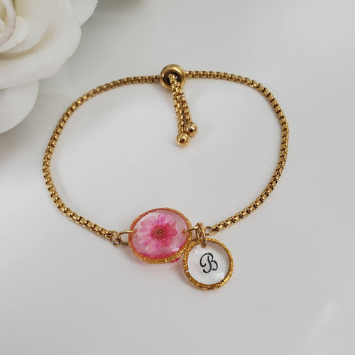 Handmade real flower initial 18k bracelet, pink and gold or custom color. - Initial Flower Bracelet - Letter Bracelet - Bracelets