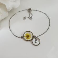 Load image into Gallery viewer, Handmade real flower initial 18k bracelet, yellow and silver or custom color. - Initial Flower Bracelet - Letter Bracelet - Bracelets