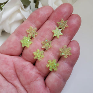 Set of 4 handmade minimalist snowflake glitter stud earrings, light green or custom color - Snowflake Earrings, Stud Earrings, Earrings