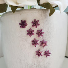 Load image into Gallery viewer, Set of 4 handmade minimalist snowflake glitter stud earrings, purple or custom color - Snowflake Earrings, Stud Earrings, Earrings
