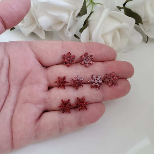Set of 4 handmade minimalist snowflake glitter stud earrings, red or custom color - Snowflake Earrings, Stud Earrings, Earrings