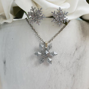 Handmade snowflake glitter drop necklace pendant accompanied by a pair of stud earrings. silver or custom color - flake Jewelry Set - Winter Jewelry - Jewelry Sets