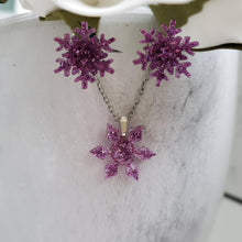Load image into Gallery viewer, Handmade snowflake glitter drop necklace pendant accompanied by a pair of stud earrings. purple or custom color - flake Jewelry Set - Winter Jewelry - Jewelry Sets