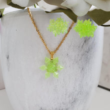Load image into Gallery viewer, Handmade snowflake glitter drop necklace pendant accompanied by a pair of stud earrings. light green or custom color - flake Jewelry Set - Winter Jewelry - Jewelry Sets