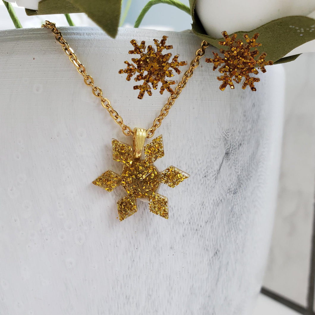 Handmade snowflake glitter drop necklace pendant accompanied by a pair of stud earrings. gold or custom color - flake Jewelry Set - Winter Jewelry - Jewelry Sets