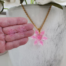 Load image into Gallery viewer, Handmade snowflake glitter drop necklace pendant accompanied by a pair of stud earrings. pink or custom color - flake Jewelry Set - Winter Jewelry - Jewelry Sets