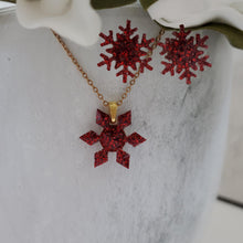 Load image into Gallery viewer, Handmade snowflake glitter drop necklace pendant accompanied by a pair of stud earrings. red or custom color - flake Jewelry Set - Winter Jewelry - Jewelry Sets
