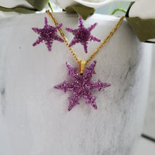 Load image into Gallery viewer, Handmade snowflake drop necklace accompanied by a pair of stud earrings made with glitter preserved in resin. purple or custom color - Snowflake Necklace Set - Winter Jewelry - Jewelry Sets