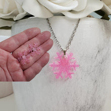Load image into Gallery viewer, Handmade snowflake glitter drop necklace accompanied by a pair of stud earrings - pink or custom color - Snowflake Glitter Jewelry - Winter Jewelry - Jewelry Sets