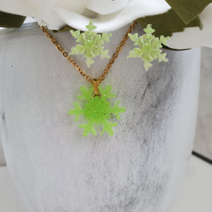 Handmade snowflake glitter drop necklace accompanied by a pair of stud earrings - light green or custom color - Snowflake Glitter Jewelry - Winter Jewelry - Jewelry Sets