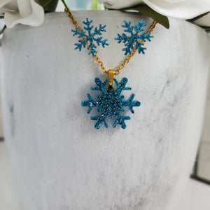 Handmade snowflake glitter drop necklace accompanied by a pair of stud earrings - blue or custom color - Snowflake Glitter Jewelry - Winter Jewelry - Jewelry Sets