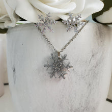 Load image into Gallery viewer, Handmade snowflake glitter drop necklace accompanied by a pair of stud earrings - silver or custom color - Snowflake Glitter Jewelry - Winter Jewelry - Jewelry Sets