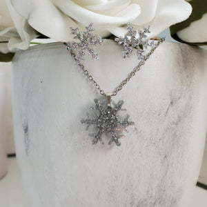Handmade snowflake glitter drop necklace accompanied by a pair of stud earrings - silver or custom color - Snowflake Glitter Jewelry - Winter Jewelry - Jewelry Sets