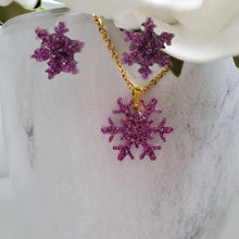 Load image into Gallery viewer, Handmade snowflake glitter drop necklace accompanied by a pair of stud earrings - purple or custom color - Snowflake Glitter Jewelry - Winter Jewelry - Jewelry Sets