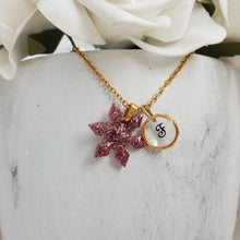 Load image into Gallery viewer, Handmade monogram snowflake glitter necklace made with blue glitter preserved in resin. purple or custom color - Monogram Snowflake Necklace-Winter Jewelry-Necklaces