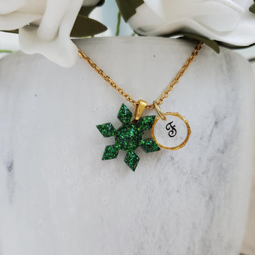 Handmade monogram snowflake glitter necklace made with green glitter preserved in resin. - Monogram Snowflake Necklace-Winter Jewelry-Necklaces