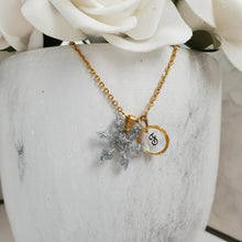 Load image into Gallery viewer, Handmade monogram snowflake glitter necklace made with blue glitter preserved in resin. silver or custom color - Monogram Snowflake Necklace-Winter Jewelry-Necklaces