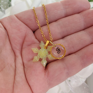 Handmade monogram snowflake glitter necklace made with blue glitter preserved in resin. yellow or custom color - Monogram Snowflake Necklace-Winter Jewelry-Necklaces