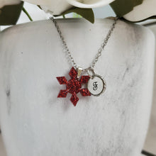 Load image into Gallery viewer, Handmade monogram snowflake glitter necklace made with blue glitter preserved in resin. red or custom color - Monogram Snowflake Necklace-Winter Jewelry-Necklaces