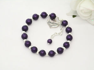 Birthday Gift Ideas Daughter - Daughter Gift - daughter silver accented pearl charm bracelet, dark purple or custom color