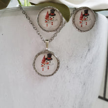 Load image into Gallery viewer, Handmade snowman drop necklace accompanied by a pair of matching stud earrings. stainless steel or gold plated - Snowman Jewelry Set - Winter Jewelry - Jewelry Sets