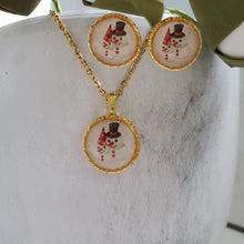 Load image into Gallery viewer, Handmade snowman drop necklace accompanied by a pair of matching stud earrings. stainless steel or gold plated - Snowman Jewelry Set - Winter Jewelry - Jewelry Sets