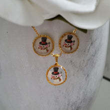 Load image into Gallery viewer, Handmade snowman drop necklace accompanied by matching stud earrings. gold or silver - Snowman Necklace Set - Winter Jewelry - Jewelry Sets