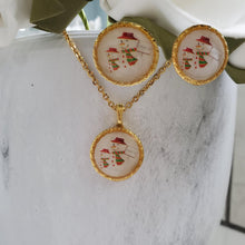 Load image into Gallery viewer, Handmade snowman drop necklace accompanied by a matching pair of stud earrings. silver or gold - Winter Necklace Set - Snowman Jewelry Set - Jewelry Set