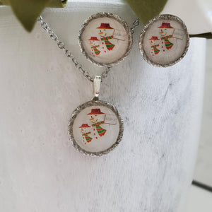 Handmade snowman drop necklace accompanied by a matching pair of stud earrings. silver or gold - Winter Necklace Set - Snowman Jewelry Set - Jewelry Set
