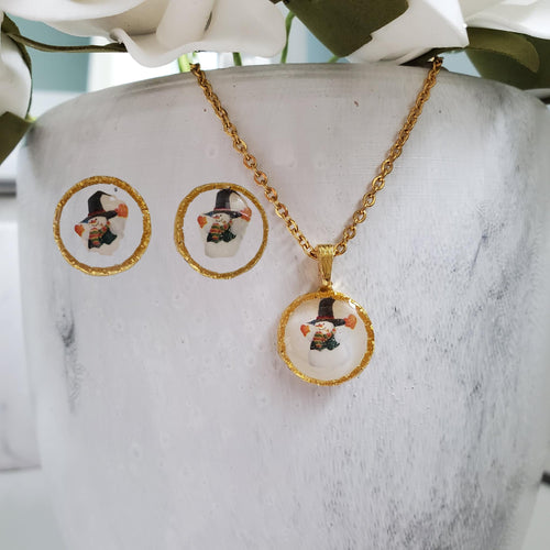 Handmade snowman drop necklace and stud earring jewelry set - gold or silver - Winter Jewelry - Snowman Necklace Set - Jewelry Sets