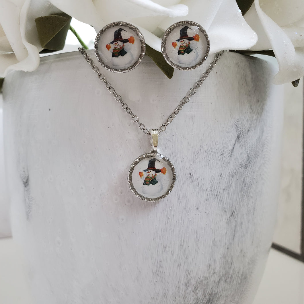 Handmade snowman drop necklace and stud earring jewelry set - gold or silver - Winter Jewelry - Snowman Necklace Set - Jewelry Sets