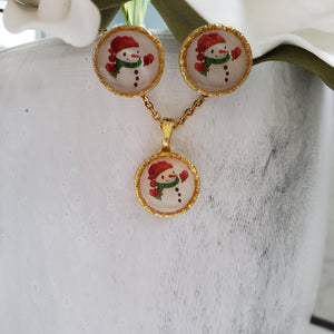 Handmade snowman drop necklace and stud earring jewelry set - gold or silver - Winter Jewelry - Snowman Jewelry Set - Jewelry Sets