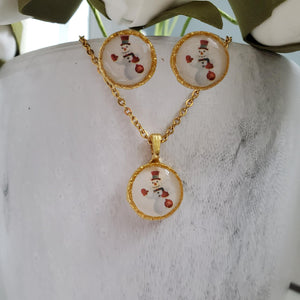 Handmade snowman drop necklace and stud earring jewelry set - stainless steel or gold - Jewelry Set - Winter Jewelry - Snowman Jewelry Set