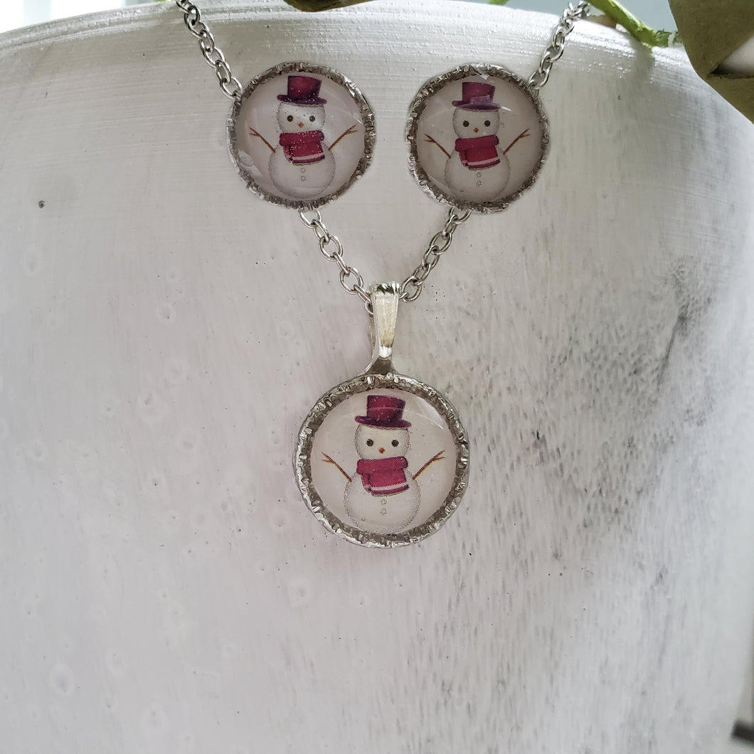 Handmade snowman drop necklace stud earring jewelry set - stainless steel or gold - Winter Jewelry - Jewelry Set - Snowman Jewelry Set