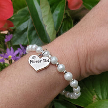 Load image into Gallery viewer, Handmade Flower Girl silver accented pearl charm bracelet. white or custom color - Flower Girl Gift - Flower Girl Asking Gifts