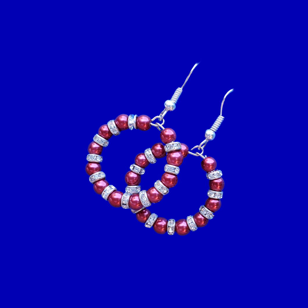 handmade pearl and crystal hoop earrings, bordeaux red or custom color - Drop Earrings - Dangle Earrings - Earrings