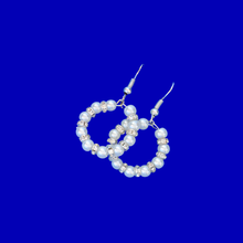 Load image into Gallery viewer, handmade pearl and crystal hoop earrings, white or custom color - Drop Earrings - Dangle Earrings - Earrings