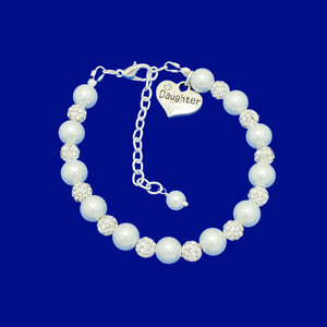 Daughter Charm Bracelet - Daughter Gift - handmade daughter pearl charm bracelet, white and silver or custom color