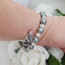 Load image into Gallery viewer, Handmade daughter pearl and pave crystal charm bracelet, dark grey and silver or custom color - Daughter Charm Bracelet - Daughter Gift
