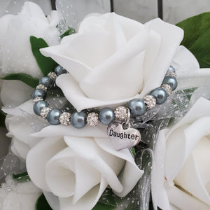 Handmade daughter pearl and pave crystal charm bracelet, dark grey and silver or custom color - Daughter Charm Bracelet - Daughter Gift