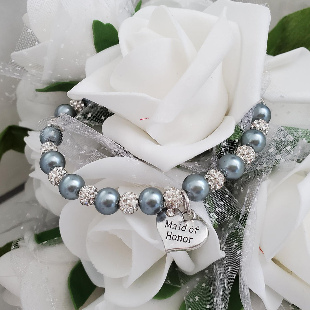 handmade maid of honor pearl and crystal charm bracelet, dark grey and silver or custom color - Maid of Honor Gift, Maid Of Honor Proposal