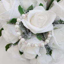 Load image into Gallery viewer, Handmade pearl and pave crystal rhinestone necklace accompanied by a matching bracelet and a pair of dangling stud earrings, ivory and silver or custom color - Bridal Sets - Wedding Sets - Jewelry Sets