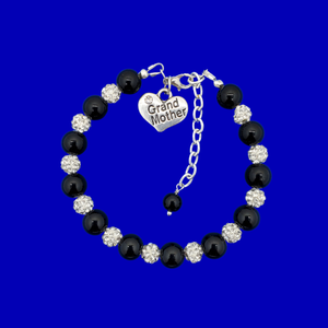 Grand Mother Gift - Grandmother Present Ideas - handmade grand mother pearl and crystal charm bracelet, black and silver or custom color