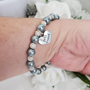 Handmade best friend pearl and pave crystal rhinestone charm bracelet - dark grey or custom color - Best Friend Bracelet - Best Friend Gift