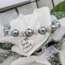 Load image into Gallery viewer, Handmade best friend pearl and pave crystal rhinestone charm bracelet - dark grey or custom color - Best Friend Bracelet - Best Friend Gift